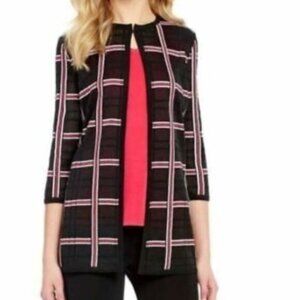 Ming Wang Plaid Knit Jacket S Black Pink White 3/4 Sleeves Cardigan Sweater